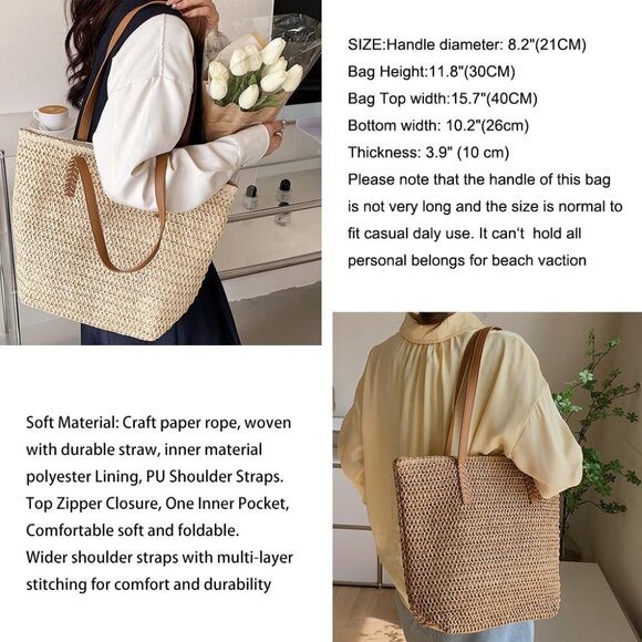 Straw Beach Tote Bag Women's Woven Straw Handbag Summer Shoulder Bag - Picture 2 of 7